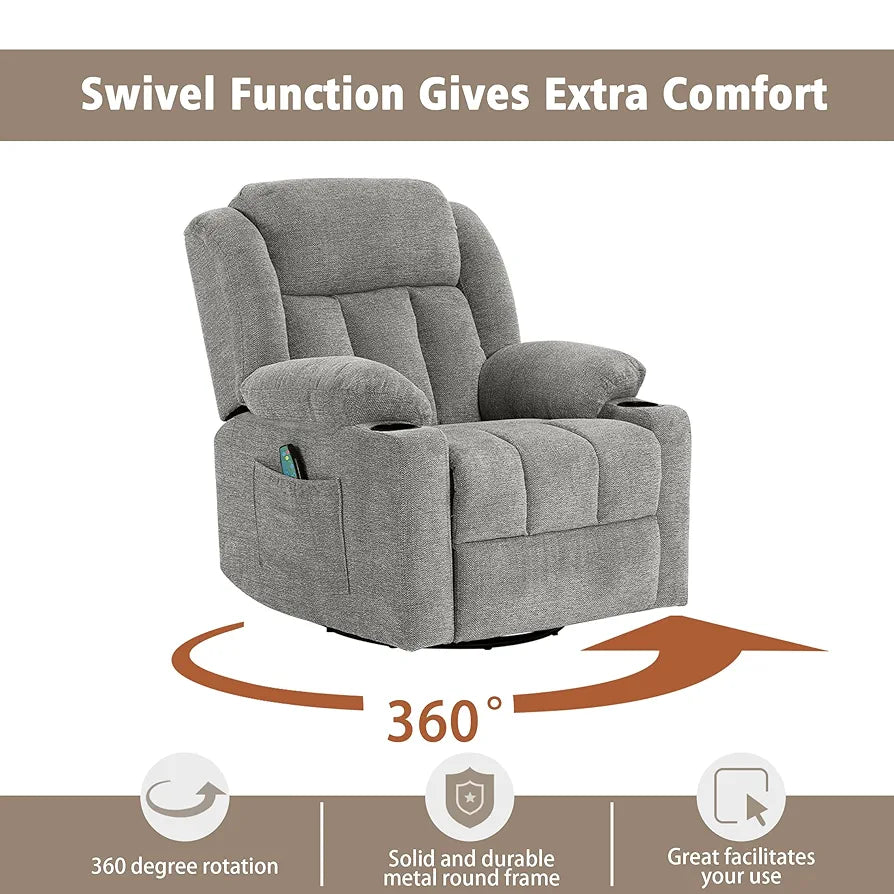 Rocker Swivel Recliner Chair for Adults, Overstuffed Large Manual Recliner Glider with Massage and Heat, Comfy Soft Fabric Living Room Reclining Sofa Chair(Lime Gray)