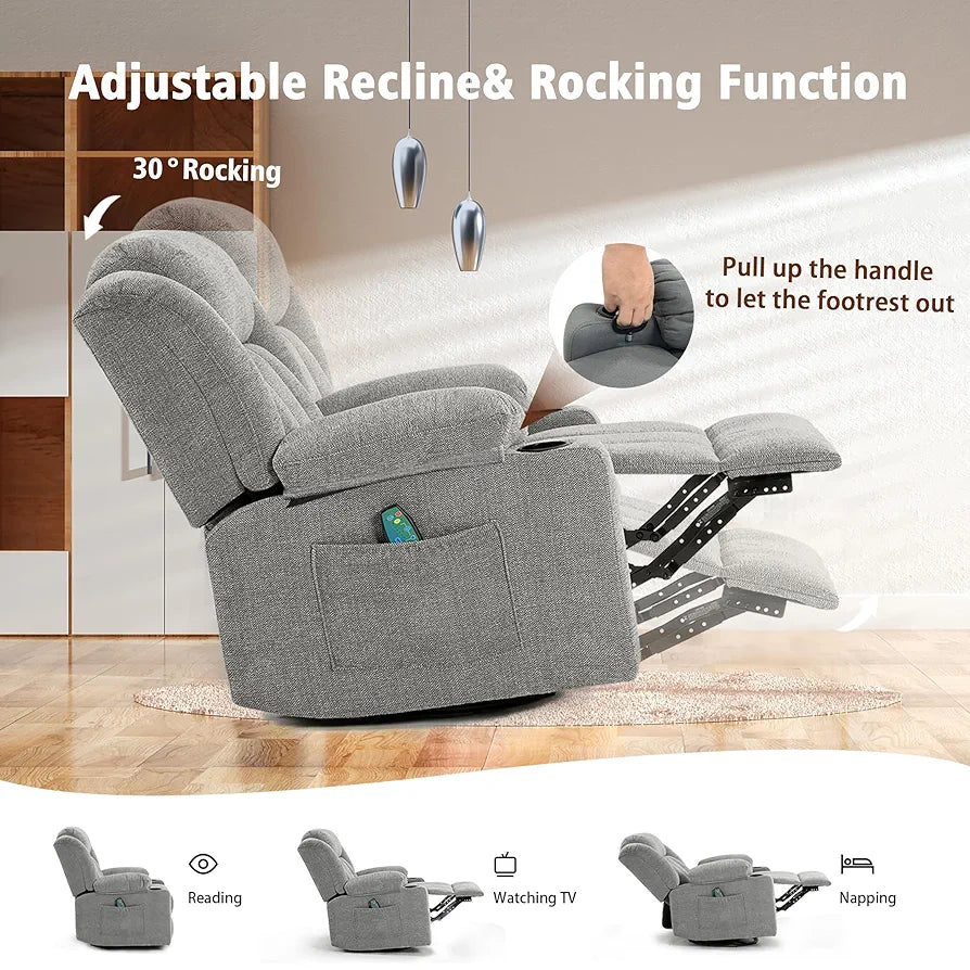 Rocker Swivel Recliner Chair for Adults, Overstuffed Large Manual Recliner Glider with Massage and Heat, Comfy Soft Fabric Living Room Reclining Sofa Chair(Lime Gray)