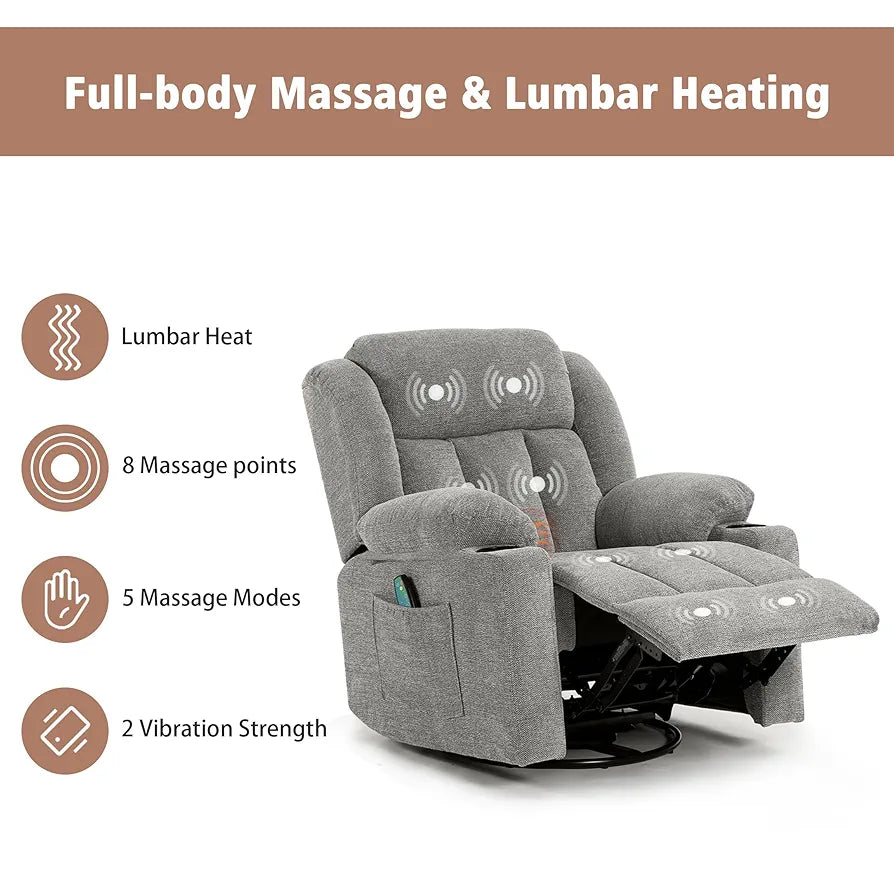 Rocker Swivel Recliner Chair for Adults, Overstuffed Large Manual Recliner Glider with Massage and Heat, Comfy Soft Fabric Living Room Reclining Sofa Chair(Lime Gray)