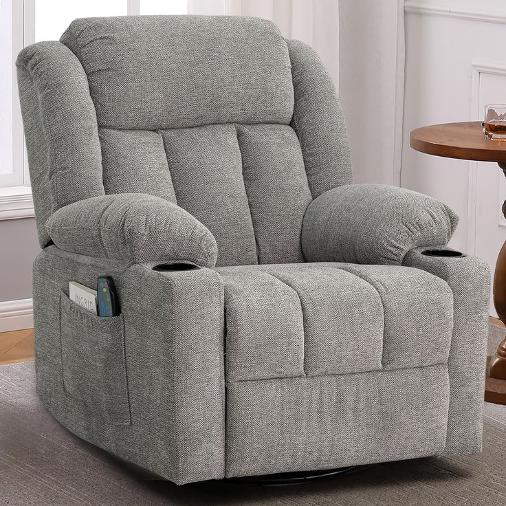 Rocker Swivel Recliner Chair for Adults, Overstuffed Large Manual Recliner Glider with Massage and Heat, Comfy Soft Fabric Living Room Reclining Sofa Chair(Lime Gray)